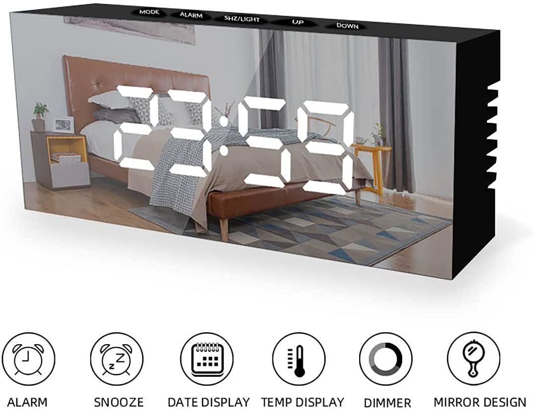 LED Digital Electronic Alarm Clock Silent Bedside Mirror Alarm Clock