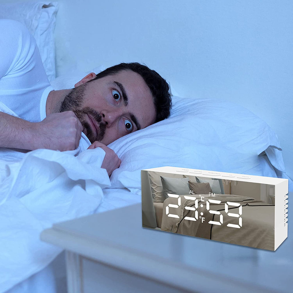 LED Digital Electronic Alarm Clock Silent Bedside Mirror Alarm Clock