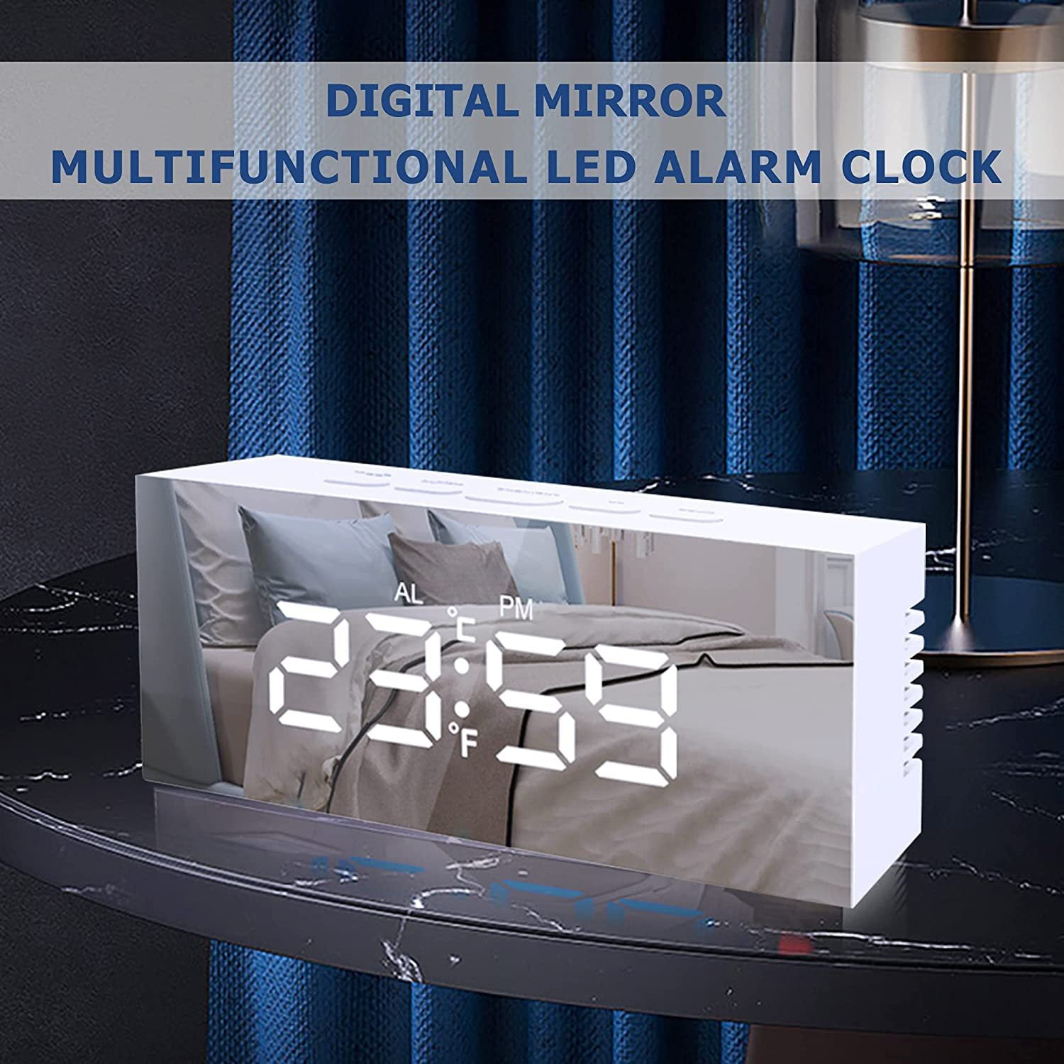 LED Digital Electronic Alarm Clock Silent Bedside Mirror Alarm Clock
