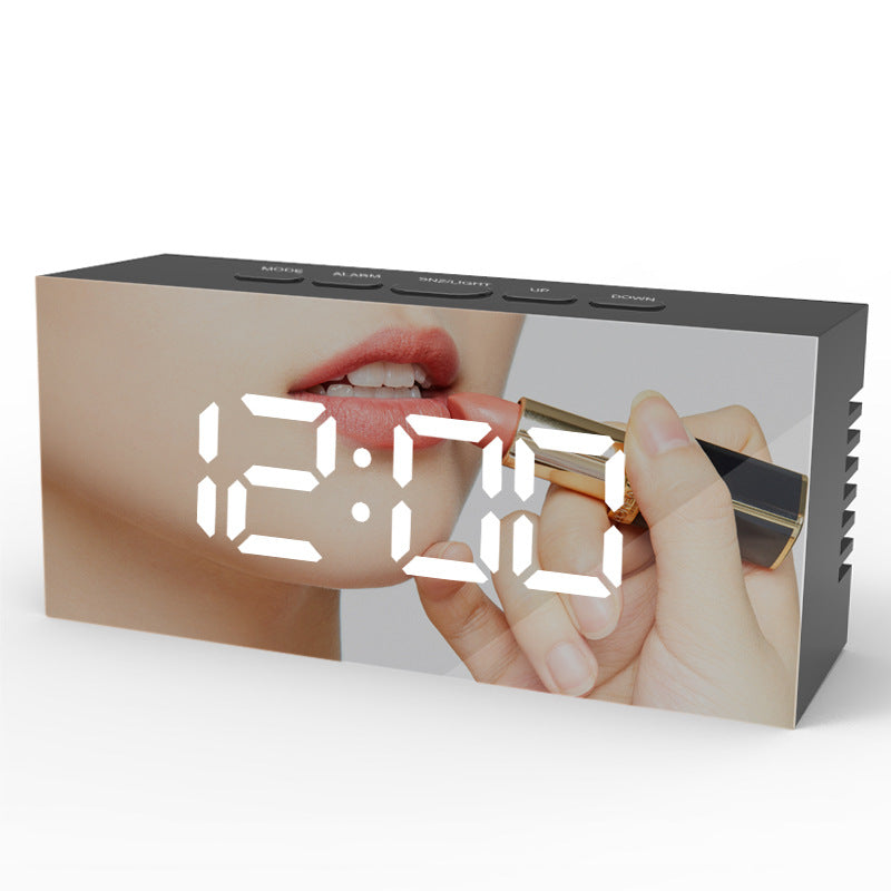 LED Digital Electronic Alarm Clock Silent Bedside Mirror Alarm Clock